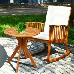 Promo π₯° Costway 2PCS Patio Rocking Chair Set Round Table Solid Wood Cushioned Sofa Garden Deck π