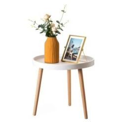 Best deal 💯 Fabulaxe Modern Plastic Round Side Table Accent Coffee Table with Beech Wood Legs 💯 -End And Side Tables shop unnamed file 7651