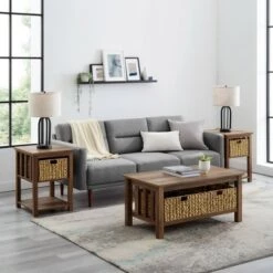 Hot Sale 🌟 3pc Mission Coffee and Side Table Set with Woven Baskets - Saracina Home Driftwood 🎁