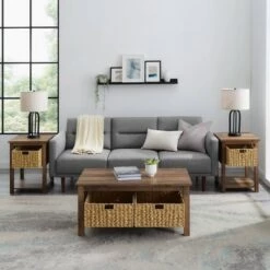Hot Sale 🌟 3pc Mission Coffee and Side Table Set with Woven Baskets - Saracina Home Driftwood 🎁 -End And Side Tables shop unnamed file 7763