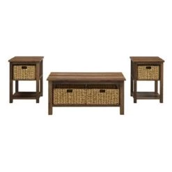 Hot Sale 🌟 3pc Mission Coffee and Side Table Set with Woven Baskets - Saracina Home Driftwood 🎁 -End And Side Tables shop unnamed file 7764