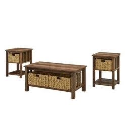 Hot Sale 🌟 3pc Mission Coffee and Side Table Set with Woven Baskets - Saracina Home Driftwood 🎁 -End And Side Tables shop unnamed file 7765