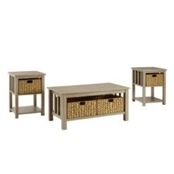 Hot Sale 🌟 3pc Mission Coffee and Side Table Set with Woven Baskets - Saracina Home Driftwood 🎁 -End And Side Tables shop unnamed file 7769