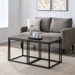 Coupon ⌛ 3pc Modern Open Frame Nesting Table Set - Saracina Home Gray Wash/glass 🎁 -End And Side Tables shop unnamed file 7785