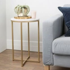 Wholesale π Set of 2 Vivian Glam X Leg Round Side Tables Faux White Marble/Gold - Saracina Home π