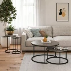 New 💯 Room & Joy Claret Nesting Coffee and End Table Bundle Gray Oak/Black Metal - Room & Joy ⌛