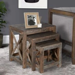 Outlet 🛒 Set of 3 Rustic Rectangular Farmhouse Mango Wood Nesting Tables with X Side Panels Brown - The Urban Port 🔥 -End And Side Tables shop unnamed file 9022