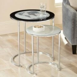 New ❤️ Studio 55D Modern Chrome Plated Metal Round 2-Piece Nesting Tables Set Silver Glass Tabletop Moon Stand for Living Room Home House 🛒
