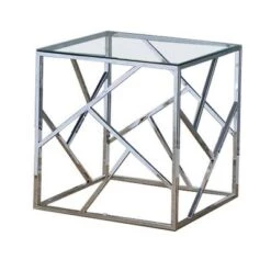 Brand new β Set of 3 Industrial Tables with Open Geometric Base Silver/Clear - Benzara β